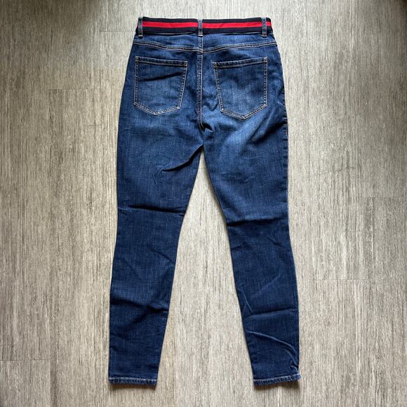 CAbi Dark Wash Mid-Rise Navy/Red Waistband Button Fly Skinny Denim Jeans Size 8 - Picture 5 of 9